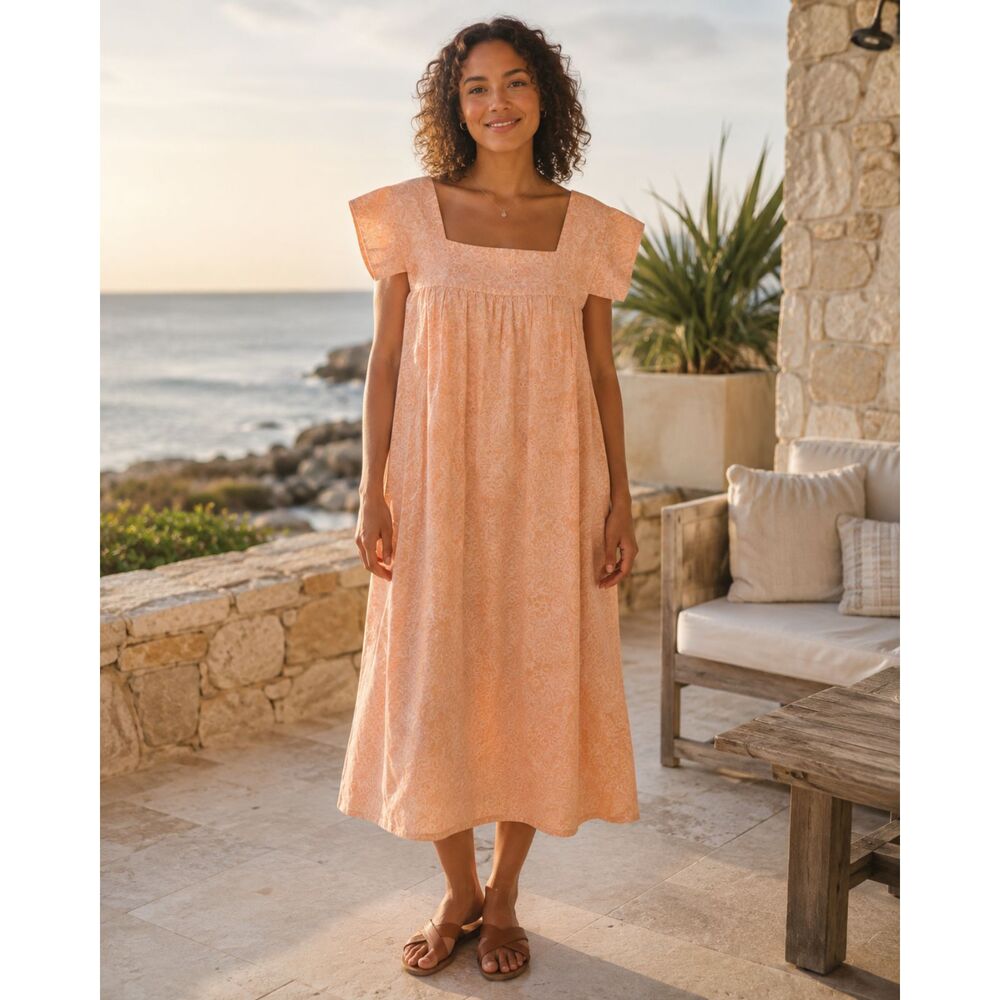 Vintage Peach Floral Caftan Dress Michael Drew Design Laguna Beach Sz 1X Pockets